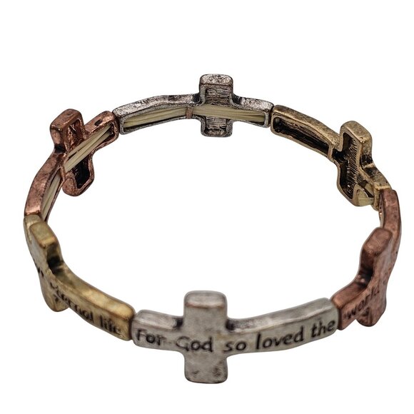 Inspirational Cross Bracelet Bible Verse In Tri-Color Gold  Metal Stretch Faith - Picture 8 of 14